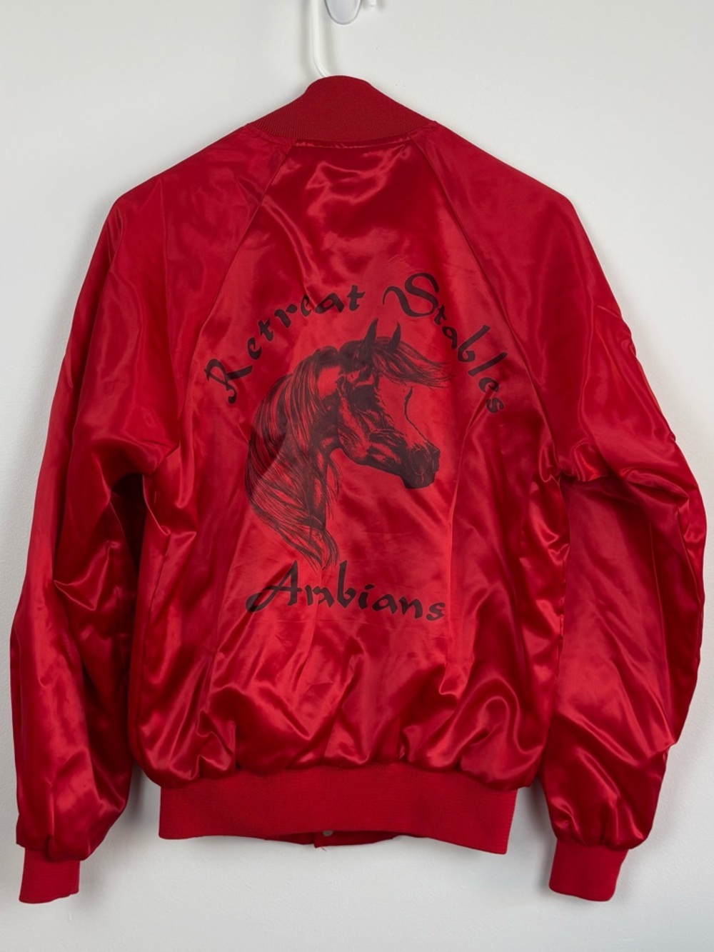 Vintage 80s Red Satin Graphic Bomber Jacket with Horse Stable Design size Small